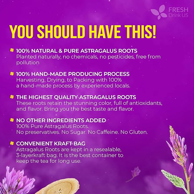 FreshDrinkUS, Premium 8oz Dried Astragalus Root Slices – 100% Natural Astragalus Root for Herbal Tea & Traditional Beverages – Natural, Clean Cut, No Additives. No Preservatives. Vegan