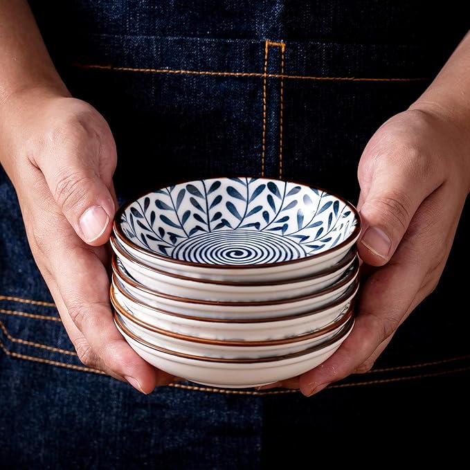 Japanese Style Ceramic Dipping Bowls,4'' Side Dishes Soy Sauce Dish for Sushi Dip,Snack,3 Oz Small Blue and White Pinch Bowl for Kitchen Prep - Set of 6 (4 inch)