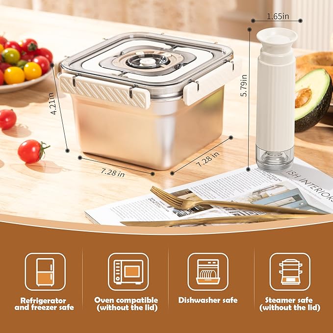 Stainless Steel Vacuum Food Storage Container with Handle- 1850ml/65oz, Large Capacity Leak-Proof Lunch Box with Hand Pump, Freezer & Dishwasher Safe - Portable for Work, Picnics