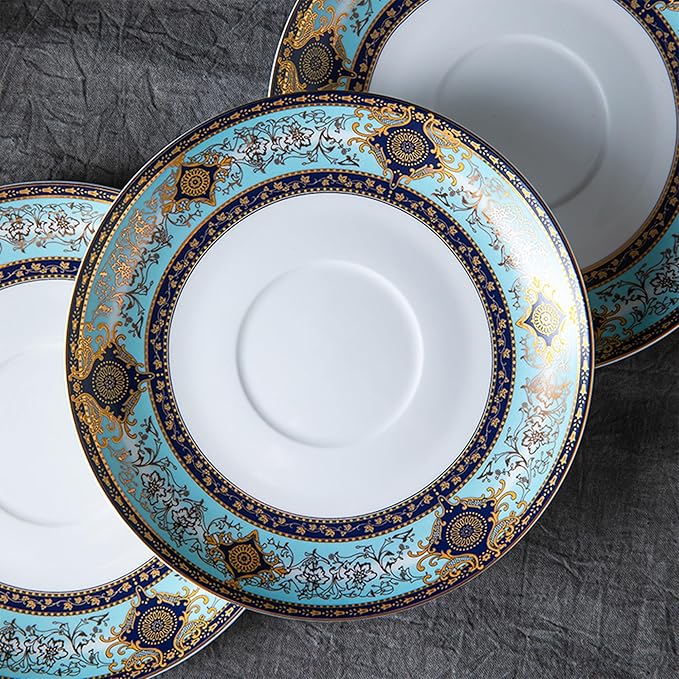 8 Piece Dinnerware Set for 4，Luxury Blue and Gold Porcelain Dinner Plate Set, Ornate Vintage Pattern Ceramic Tableware for Fine Dining, Wedding, Home Decor, Premium Dish sets for Steak and Dessert
