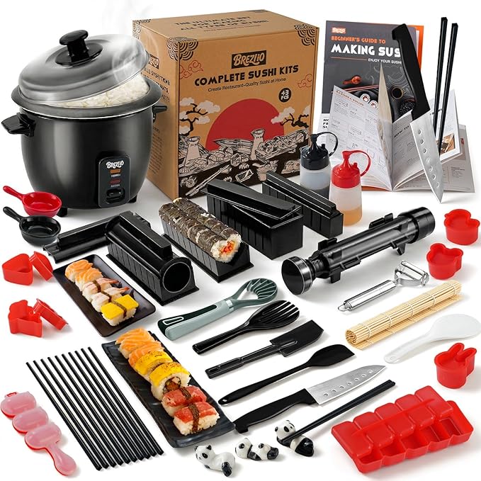 Sushi Maker Kit - 43-Piece Complete Set for Beginners with Sushi Bazooka Roller, Onigiri Mold, Nigiri Maker, Bamboo Rolling Mat & Accessories | Easy DIY Sushi Preparation at Home