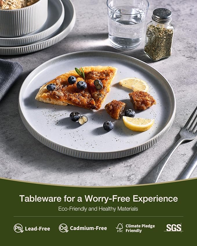 Famiware Star 24-Piece Reactive Glaze Plates and Bowls Sets, Service for 8 - Stoneware Dinnerware Set, High Edge Ribbed Dishes, Chip & Scratch Resistant, Microwave & Dishwasher Safe, Matte Gray