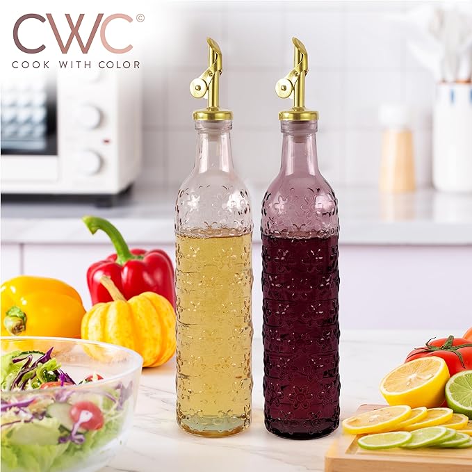 COOK WITH COLOR Glass Olive Oil Bottle Dispenser - 2 Pack- 17oz Oil and Vinegar Cruet - Olive Oil Carafe Decanter for Kitchen, Floral, Pink