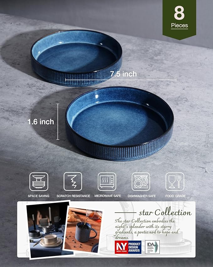 famiware Star 7.5" Pasta Bowls Set, Salad Bowl Set of 8, Double Reactive Glaze, Stackable, Ideal for Your Friend for Housewarming, Festivals, Nebulas Blue