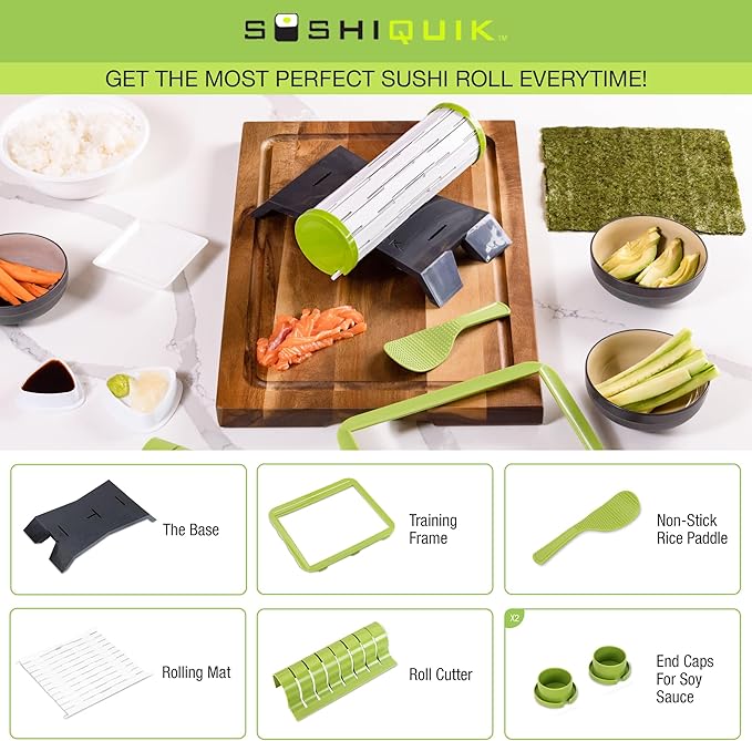 SushiQuik Sushi Making Kit with Rice Spreading Training Frame, Rice Paddle, Rolling Mat, Roll Cutter, Base, and Soy Sauce Caps - Sushi Kit for Beginners and Kids