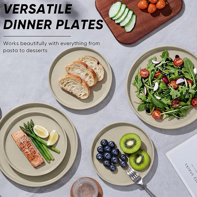 E-far Dinner Plates Set of 6, 10.5 Inch Stoneware Dinner Plate with Raised Edges, Chip & Scratch Resistant | Microwave & Dishwasher Safe Modern Ceramic Dishes for Dessert Salad, Speckled Khaki