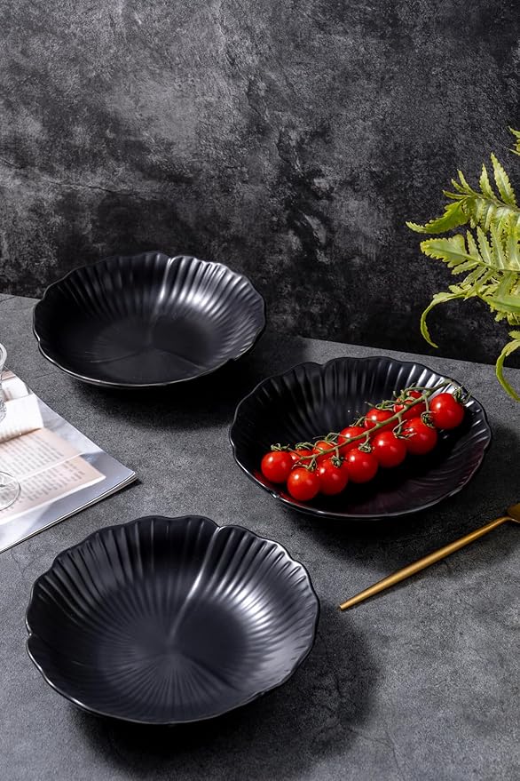 Jusalpha Set of 3-Japanese Style Flower Petal Shaped Porcelain Dinner Plates, Versatile Circular Serving Plates for Breakfast, Salad, Steak Dinner, PL019 (8 Inches, Black)