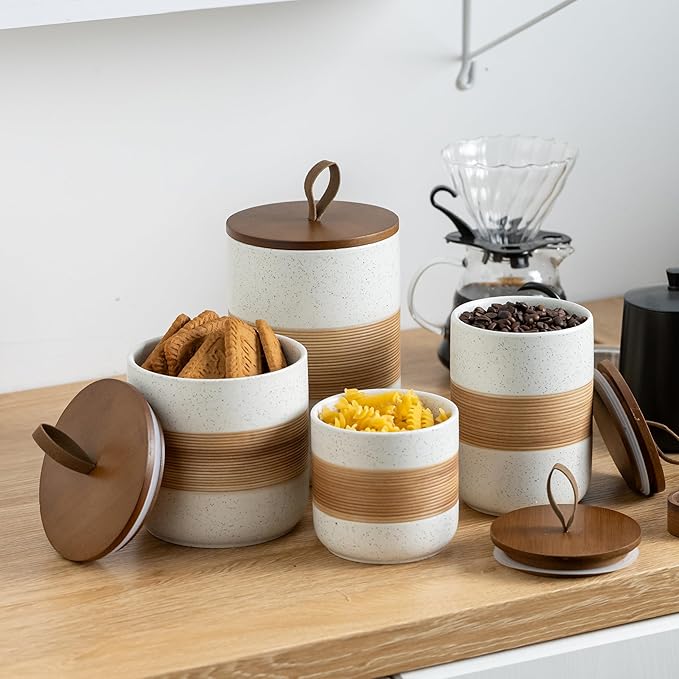 Miamolo Large Storage Containers with Lids, Ceramic Coffee Container Kitchen Food Storage Jars for Spice Sugar Tea Bag, Stackable Decorative Jars for Counter, White & 61 fl.oz