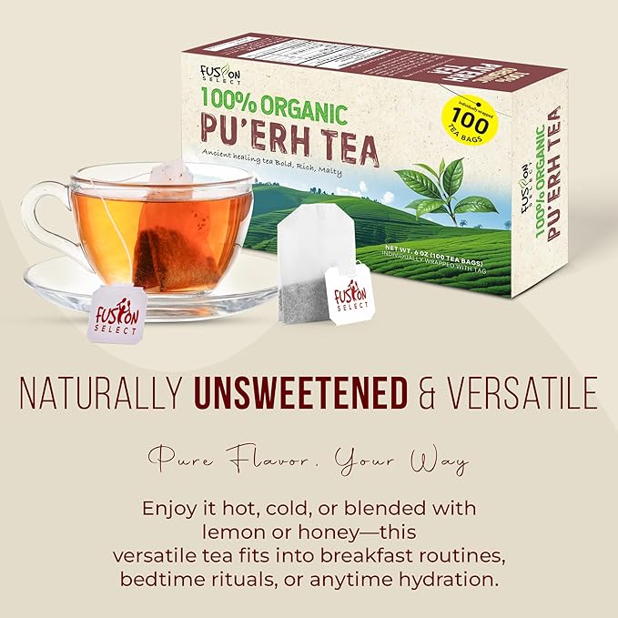 Fusion Select 100% Organic Pu'erh Tea - Natural Chinese Herbal Tea for Calmness, Relaxation, Wellness - Rich in Vitamins & Antioxidants - No Calories, Sugar, Fat - 100 Individually Wrapped Tea Bags