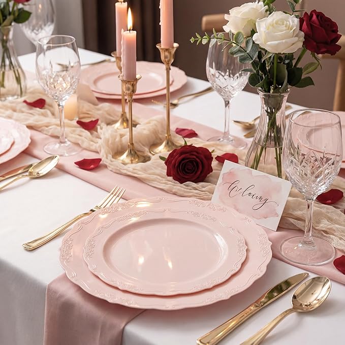 U-QE 100PCS Mauve Pink Plastic Plates - Heavy Duty Pink Disposable Plates for Mothers Day, Party, Baby Shower, Wedding - Serving 50 Guests Include 50PCS 10'' Dinner Plates & 50PCS 7.5'' Dessert Plates