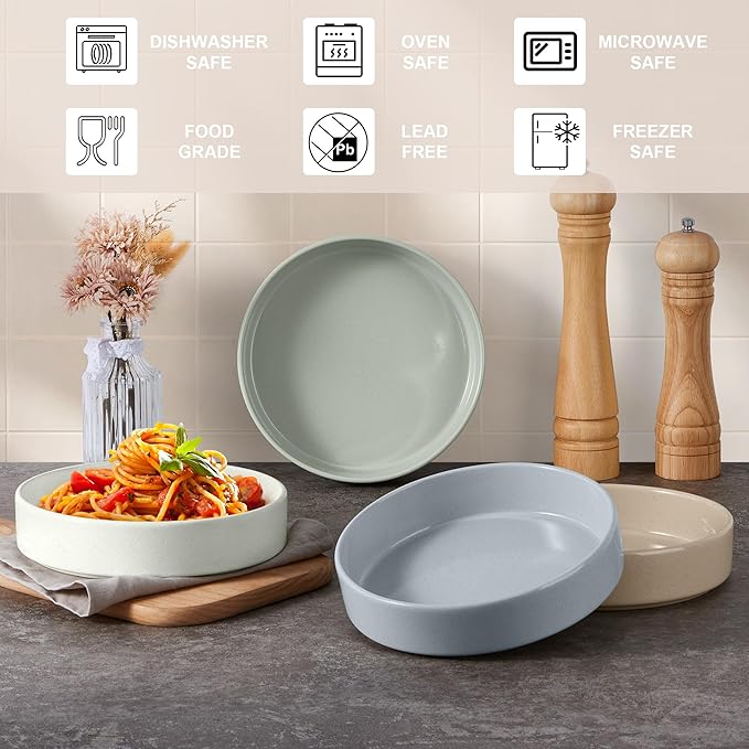 E-far Pasta Bowls Set of 4, 35oz Ceramic Large Salad Bowl Plates for Serving Soup Dinner, Shallow Stoneware Pasta Plate, Microwave & Dishwasher Safe, Speckled Multicolor