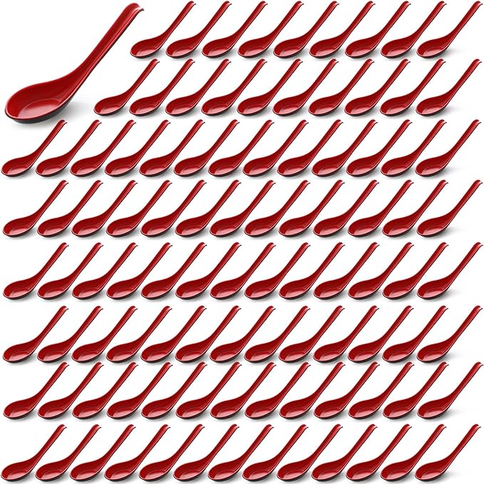 Hushee 100 Pcs Asian Chinese Soup Spoons 6.3 Inches Japanese Korean Miso Soup Spoons Red and Black Bulk with Hook for Soba Wonton Rice Pho Ramen Noodle Dumpling