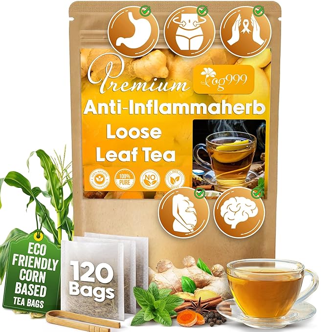 120 Tea Bags - Anti-Inflammaheb Loose Leaf Tea, 100% Natural from Ginger, Turmeric, Peppermint, Black Pepper, Cinnamon. Made with Natural Material Tea Bags. No Sugar, No Caffeine, No Gluten, Vegan.
