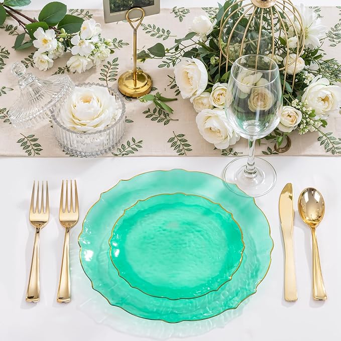bUCLA 40PCS Clear Green Plastic Plates - Green and Gold Disposable Hammered Plates Fancy Lace-Edge, Crystal Design for 20 Guests Include 20 Each(Dinner&Dessert), Ideal for Party & Christmas