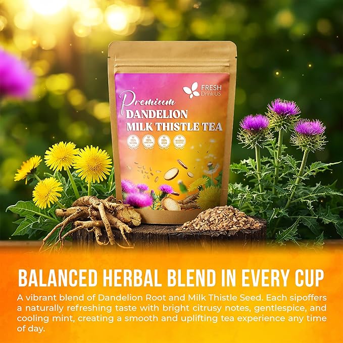 FreshDrinkUS, Premium Dandelion Milk Thistle Herbal Tea | 135 Tea Bags | Herbal Blend with Dandelion Root & Milk Thistle Seed – Clean Plant-Based Daily Tea, Naturally Caffeine Free. Sugar Free. Vegan