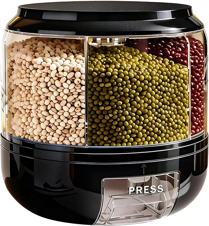 360° Rotating Grain Dispenser | 6-Grid Rice Dispenser with One-Click Dispensing | Airtight Cereal Container for Rice, Beans, Grains Storage (Black, Small)