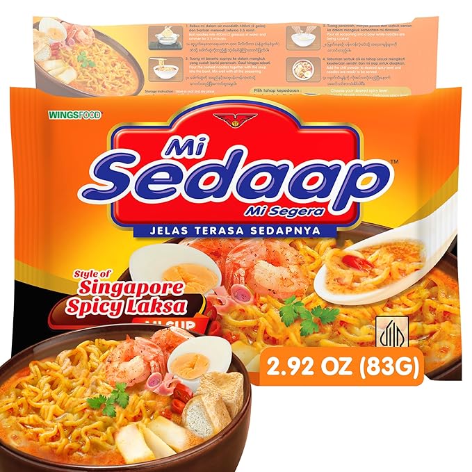 Mi Sedaap Singapore Spicy Laksa Creamy Coconut Instant Ramen Noodles, 3 ounces (Pack of 10) Authentic Indonesian Instant Noodles, Halal Certified, Perfect for Quick and Flavorful Meals