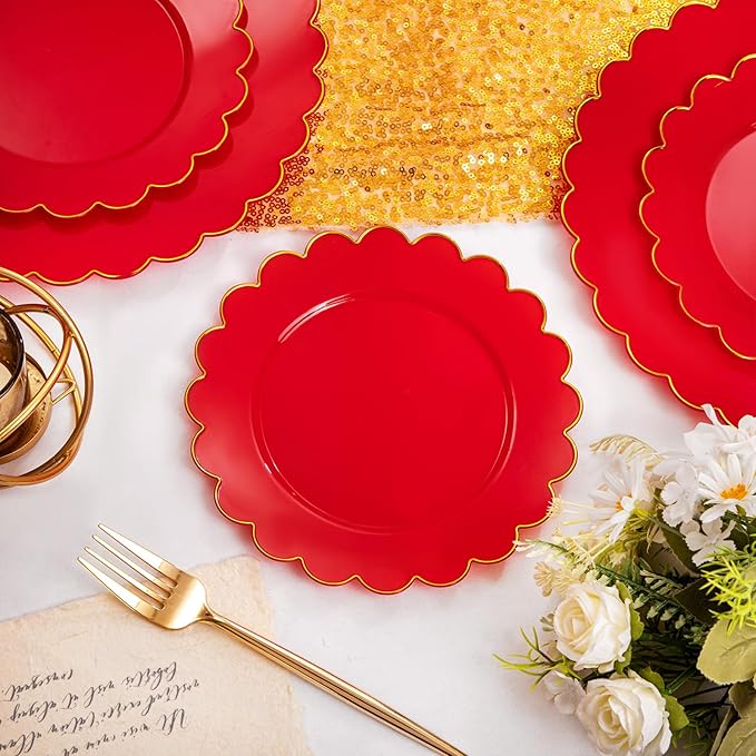 LIYH 60 Pcs Red Plastic Plates Disposable with Gold Edge Scalloped Red Gold Disposable Plates Includes 30 Dessert & 30 Dinner Plate Dishes Tableware for Party Memorial Day,Independence Day