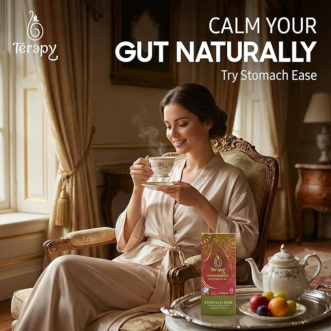 TERAPY Ceylon Stomach Ease Tea – Ayurvedic Herbal Tea for Healthy Digestion, Gut Health, Tummy Tea, Gas Relief, & Stomach Soothing – Relieves Bloating, Gas, Indigestion & Constipation – 18 Bags