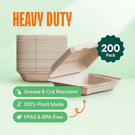[Bulk - 200-Count] 100% Compostable to Go Containers 9x9" Clamshell Take Out Food Container with Hinged Lid - Disposable Togo Plates - Biodegradable Eco-Friendly Takeout Box Made of Sugar Cane Bagasse