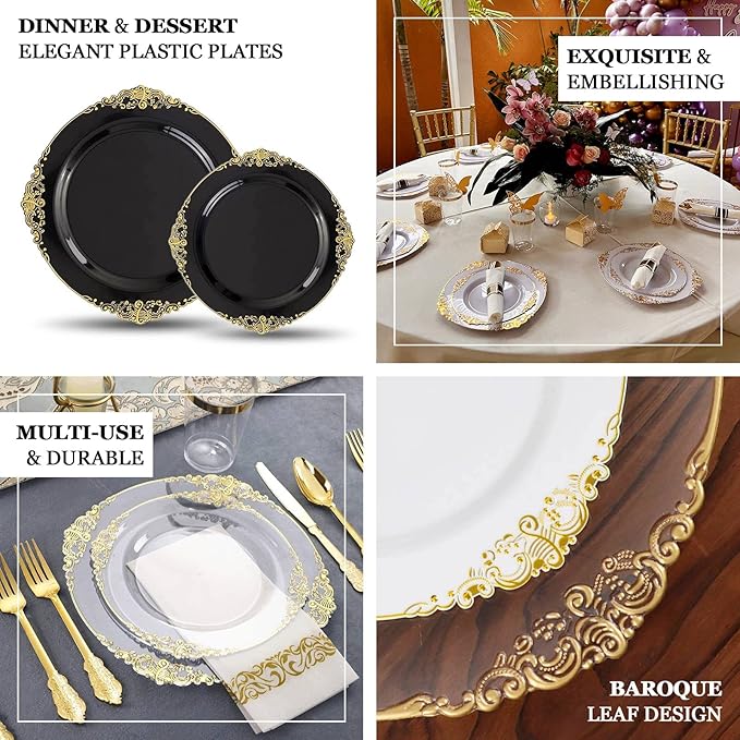 Efavormart 10 Pack | 8" Translucent Black and Gold Baroque Dessert Plates, Leaf Embossed Metallic Rim Heavy Duty Appetizer Plates for Edgy Social Events