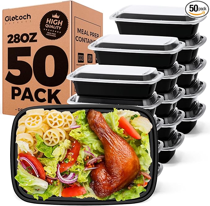 Glotoch Meal Prep Containers 28oz, 50 Pack (100-Piece) Reusable Food Storage Containers with Lids Microwave, Freezer, Dishwasher Safe - Leakproof & BPA Free Durable Plastic Bento Box for Adult