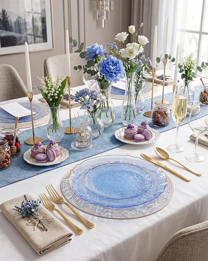 bUCLA 40PCS Clear Blue Plastic Plates - Hammered Disposable Plates with Gold Lace-Edge - Include 20 Each (10inch Dinner & 7inch Dessert) for Party, Birthday & Daily Use