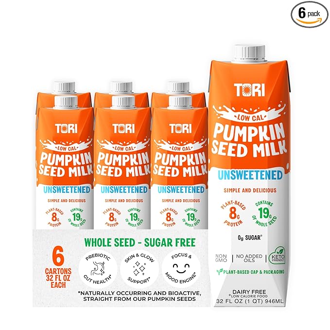 Tori Pumpkin Seed Milk, Unsweetened – Only 30 Calories, 0g Sugar | Plant-Based, No Emulsifiers, No Artificial Ingredients | Rich in Iron, Zinc & Magnesium | Keto & Whole30 Friendly | 32 fl oz (6 Pack)