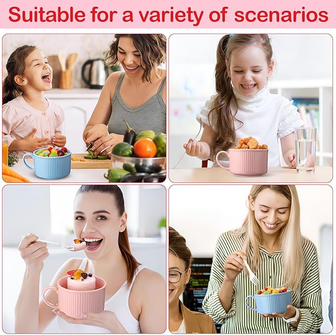 Nuenen 2 Pcs Soup Bowls with Lids and Handles 30 oz Microwave Safe Ceramic Soup Mug Microwavable Ramen Containers with Lids Large Colorful Cups for Noodle Cereal kitchen(Baby Blue, Pink)