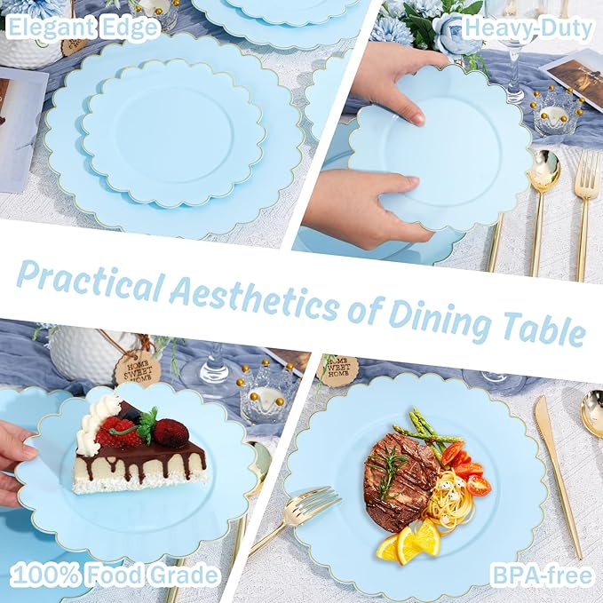 LIYH 120 Pcs Baby Blue Plastic Plates with Gold Edge - Disposable Light Blue Scalloped Baby Shower Plastic Plates Includes 60 Dinner Plate 10.25" & 60 Dessert Plate 7.5" for Party Birthday