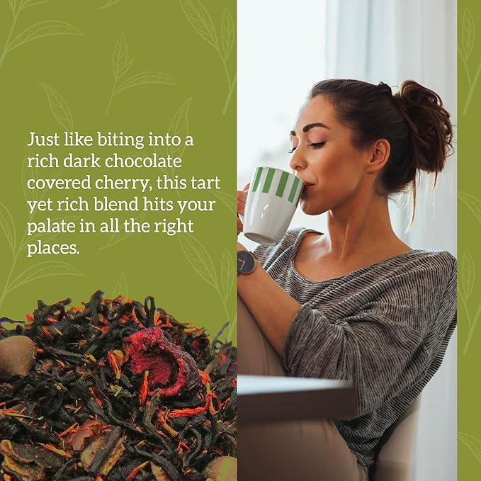 Nelson's Tea Dark Chocolate Cherry - Cut & Sifted Pu-erh Black Tea Loose Leaf with Rich Blend of Chocolate Chips, Wild Cherry Bark, Cacao Nibs and Dried Cherries - Medium Caffeine (2 oz)