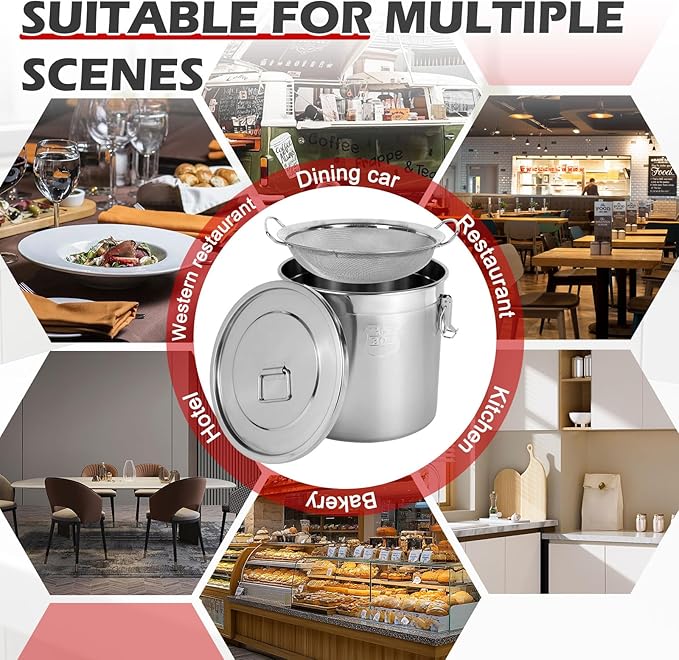 5.5 Gal / 21L Cooking Oil Storage Can Commercial Oil Container with Filter & Lid Metal Bucket Food Storage Containers Airtight for Rice Flour Grain Dog Food Coffee Bean, 304 Stainless Steel -Silver