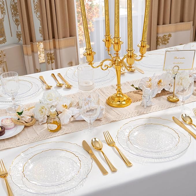 bUCLA 40PCS Clear and Gold Plastic Plates - Fancy Lace-Edge Clear Plates with Gold Trim Hammered Disposable - Include 20 Each(Dinner&Dessert) for Party & Wedding