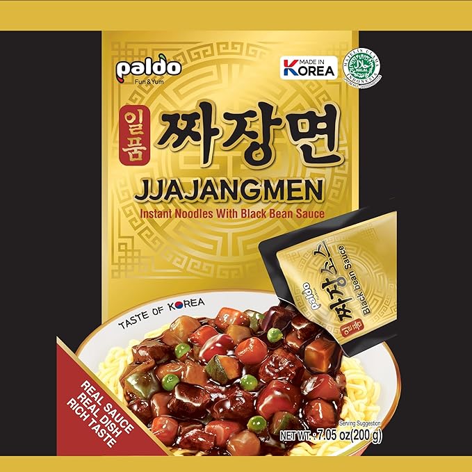 Paldo Fun & Yum Ilpoom Jjajangmen Noodles, Pack of 16, Traditional Brothless Chajang Ramen with Savory & Sweet Black Bean Sauce, Oriental Style Korean Ramyun, Soupless K-Food 7.05oz (Pack of 12)