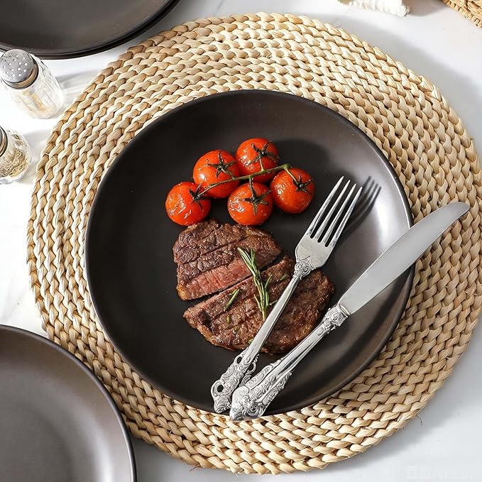 Ceramic Plate，10 Inch Dinner Plate, Black Plate Set of 4 for Steak, Noodle, Microwave Oven and Dishwasher Safe, Matte Black