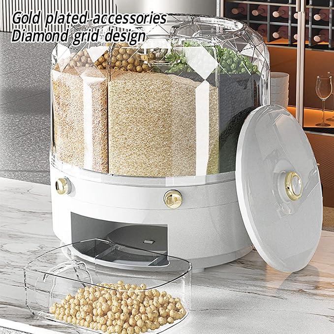 Grain Storage Container Rotatable Rice Dispenser Box 6 Grid Grain Dispenser 360 Degree Rotating Food Dispenser Cereal Dispenser Countertop for Beans Rice Grains(white)