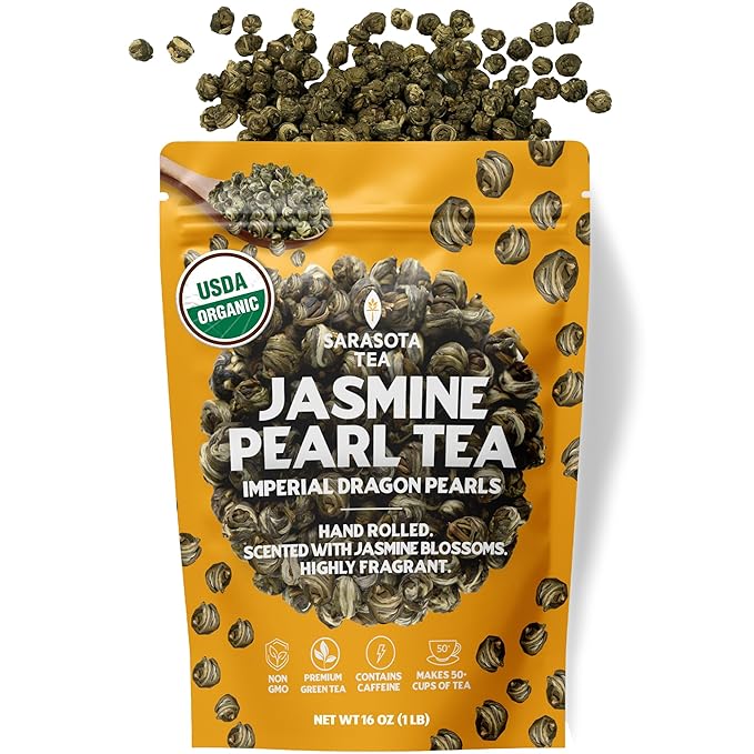Organic Jasmine Pearls Loose Leaf Tea | Hand-Rolled Green Tea Scented with Jasmine Blossoms | USDA Organic | Premium Dragon Pearls | 1lb (16oz) Bag | Floral & Smooth | Non-GMO