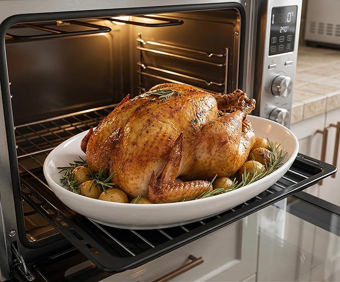 14 Inch Oval Serving Platters Set of 2, Large Wide Ceramic Serving Platter, White Porcelain Serving Trays for Entertaining, Turkey, Steak, Appetizers, Pasta, Salad