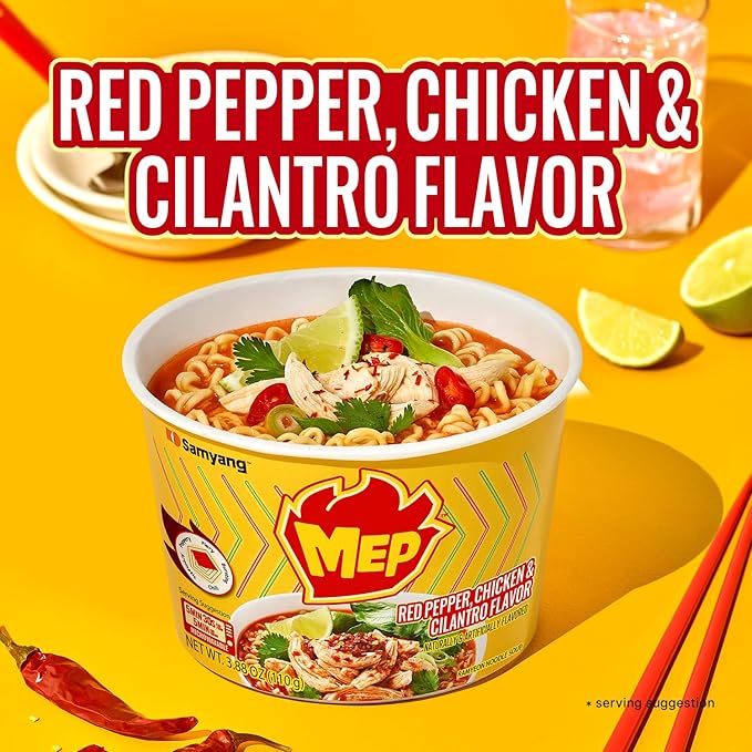 Samyang MEP Chicken Cilantro Ramen, Spicy Korean Instant Bowl Noodle Soup, Savory Bone Broth Ramyeon, Lime Freshness, 3.88 oz (Pack of 6 Bowls)
