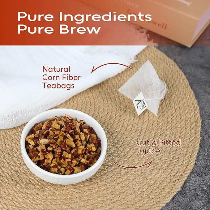 FullChea - Jujube Tea, 40 Teabags – Premium Pitted Jujube Dates Tea Bags – Non-GMO - Caffeine-Free – Naturally Sweet, Smooth and Gently Nourishing – Traditionally Used for Calm Evenings