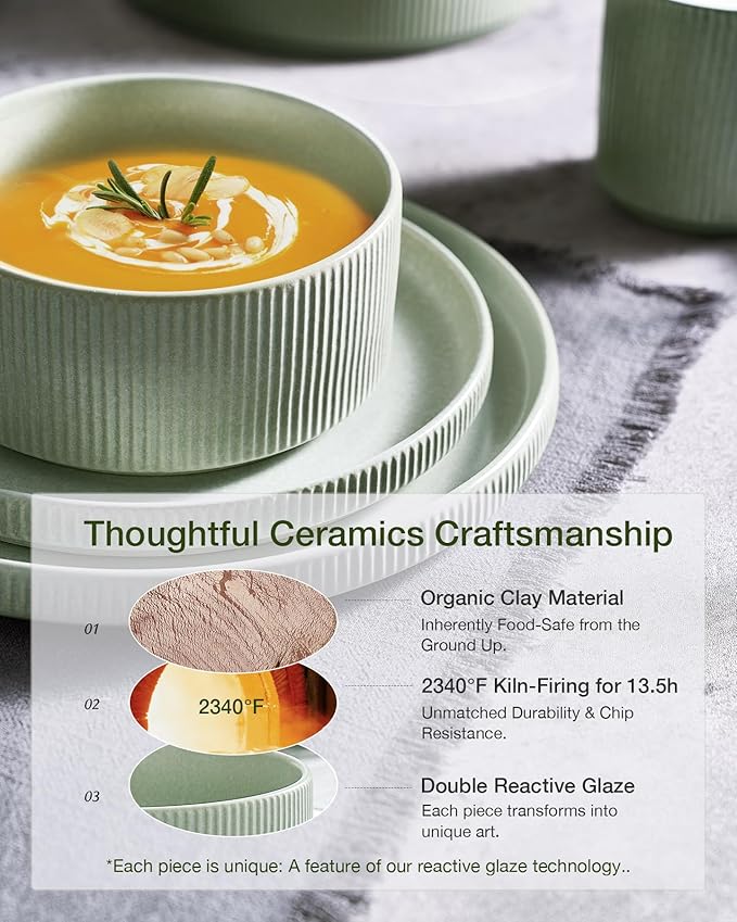 Famiware Star 24-Piece Reactive Glaze Plates and Bowls Sets, Service for 8 - Stoneware Dinnerware Set, High Edge Ribbed Dishes, Chip & Scratch Resistant, Microwave & Dishwasher Safe, Matte Sage Green