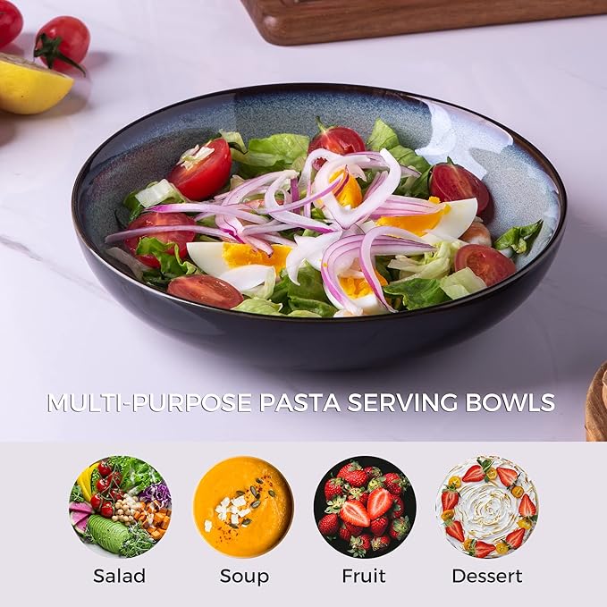 LERATIO Pasta Bowls,Ceramic 38oz Pasta Bowls,9.0" Reactive Glaze Pasta Bowl Set of 4,Microwave & Dishwasher,Oven Safe,Large Wide Serving Bowls for Salad, Dessert, Pizza, Fruit,Gray White