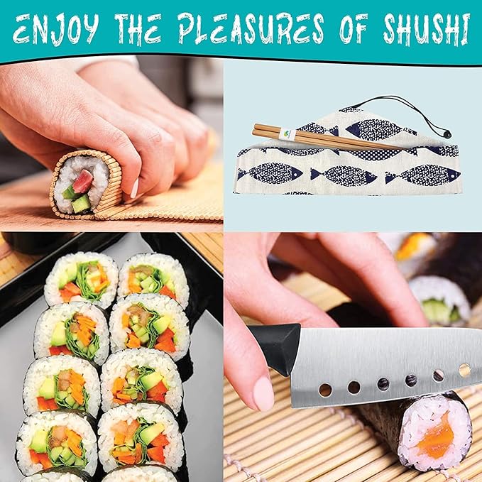 SmileTools Sushi Making Kit, 22pcs Roller Maker for Beginners With Guide Book, Bazooka, Knife, Mat, Avocado Slicer, Chopsticks, Sauce Dishes & More - Sushi Lover's Gift