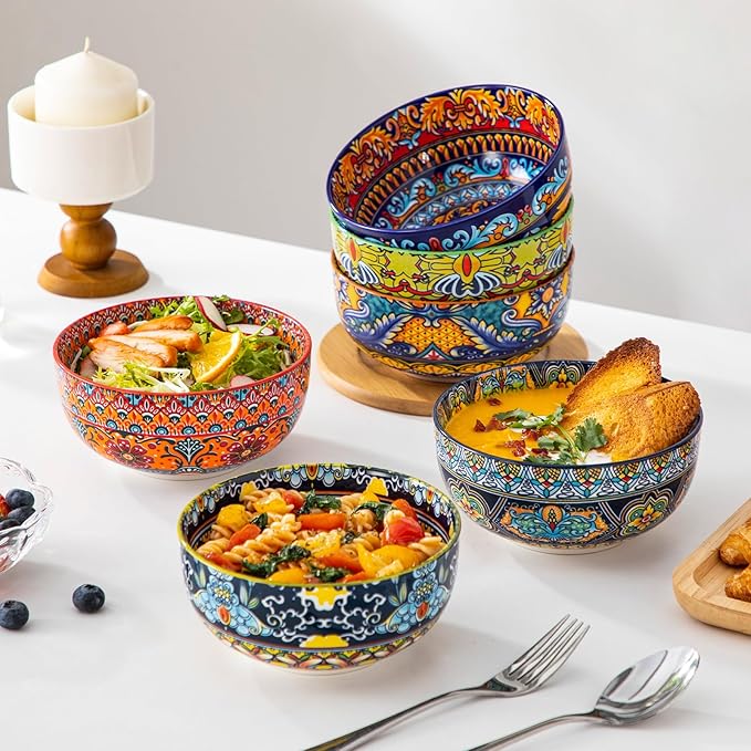 vancasso Cereal Bowls Set of 6, Porcelain Bowls for Eating, 28 oz Colorful Soup Bowls, Bohemian Ceramic Bowls for Salad, Fruit, Pasta, Microwave & Dishwasher Safe Bowls Set