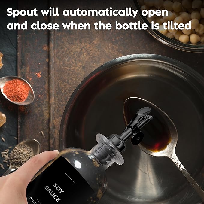 Spaceneat Oil Dispenser for Kitchen - Glass Olive Oil Bottle Set of 4 (11.8oz) with Black Weighted Self-Closing Pourer - Cooking Oil Dispenser with 66 Labels, Aligner & Funnel