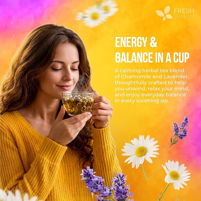 FreshDrinkUS, Premium 135 Chamomile Lavender Tea Bags, 100% Natural Herbal Ingredients, Hand-made Blend of Chamomile Lavender Flowers, Eco-conscious Tea Bags. No Sugar, No Caffeine, No Gluten, Vegan