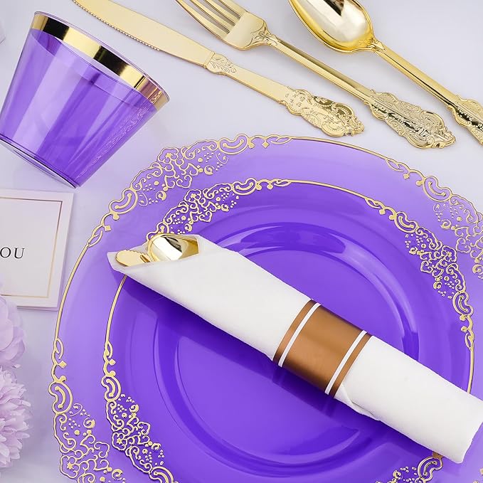 Bestluck 350 PCS Purple and Gold Plastic Plates, Disposable Dinnerware Set for 50 Guests, 100 Disposable Plates, 150 Silverwares, 50 Cups, 50 Napkins for Party, Wedding, Graduation
