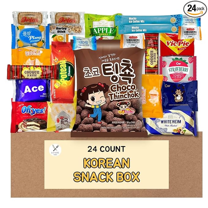 Korean Snack Box Variety Pack 24 Count – Assorted Korean Cracker, Chocolate Corn Puff, Pies, Rice Crackers, Mocha Coffee, Fruit Candy Mix, Sweet & Savory Snacks Gift Box