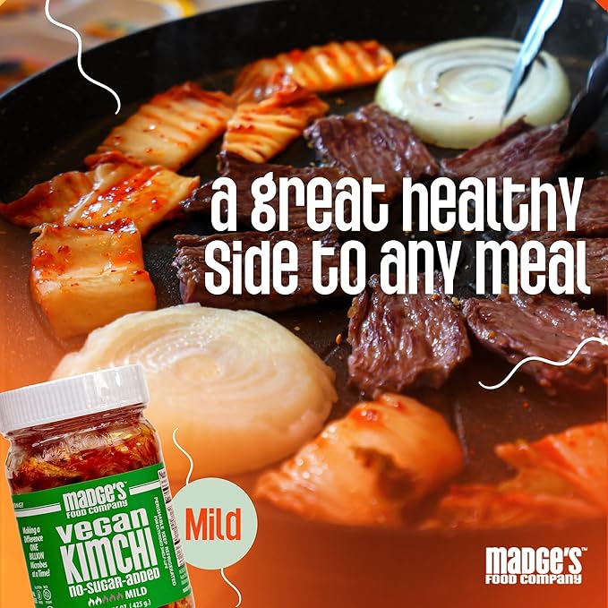 Madge's Food Traditional Vegan Kimchi Made from Napa Cabbage, Contains Probiotics, Gut Enzymes & Fermented Longer for Increased Health Benefits, No Sugar Added, Mild, 15oz