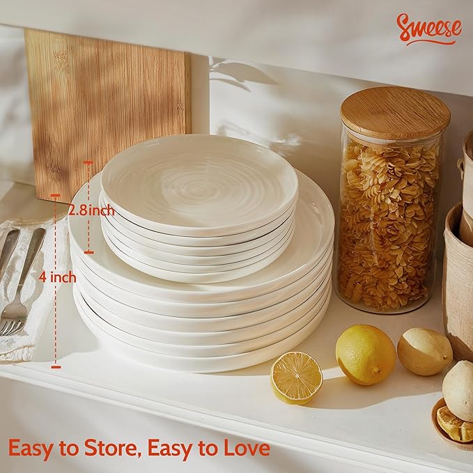 Sweese Porcelain Dinner Plates Set of 6, 10.5 Inch Dish Set - Dishwasher, Microwave, Oven Safe, Scratch Resistant, Kitchen Serving Dishes - White